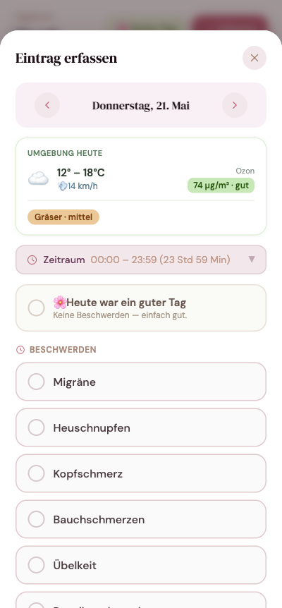 Erfassen-Modal mit Umgebungsdaten und Beschwerde-Auswahl