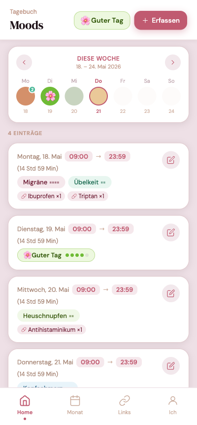 Moody Wochenübersicht mit Einträgen