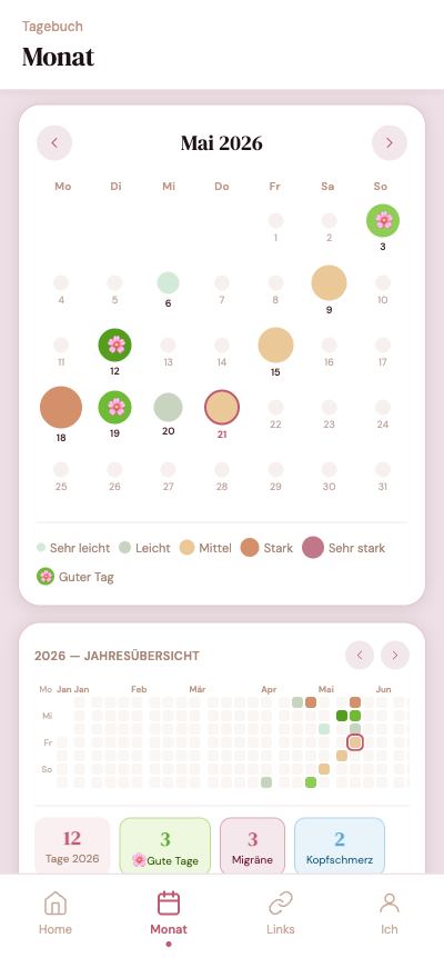 Monatsansicht mit Bubble-Grid und Jahres-Heatmap